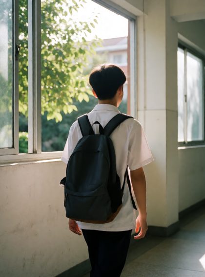夏日校园走廊里背着书包的学生背影,窗外树叶逆光,青春成长氛围明亮