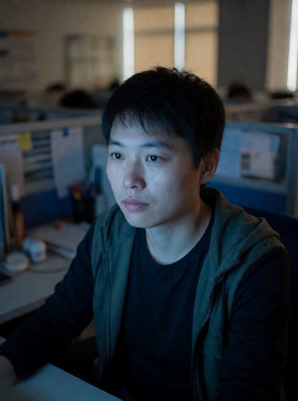 夜晚写字楼格子间里独自加班的人,电脑屏幕冷光照在脸上,职场现实氛围