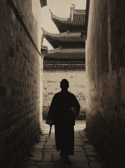 旧时代石板巷弄里穿传统服饰的行人剪影,远处屋檐层叠,画面偏褪色胶片质感