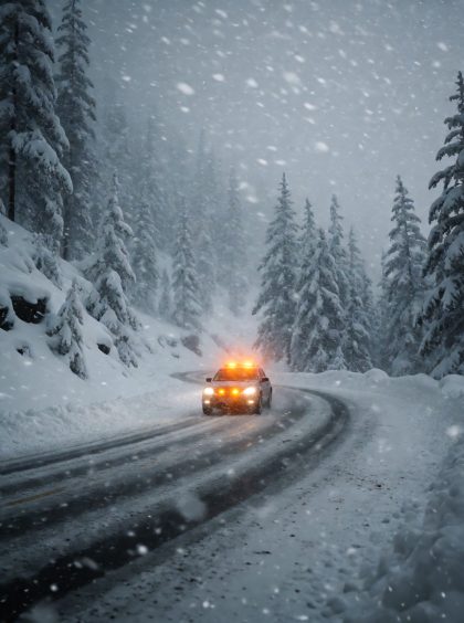 暴风雪中的山间公路与一辆亮着双闪的汽车,画面灰蓝,灾难冒险紧张感