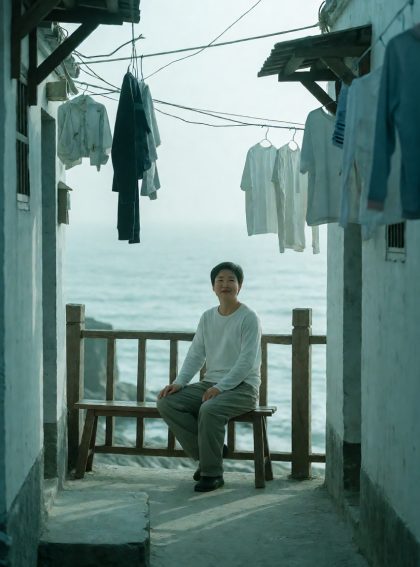 海边小镇清晨的窄巷与晾晒的衣物,远处有海雾,色调淡青,治愈慢生活感