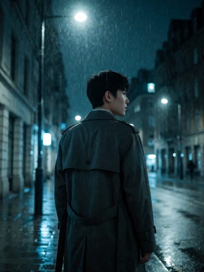雨夜城市街头一名穿深色风衣的人背对镜头站在路灯下,冷青色调,悬疑氛围浓